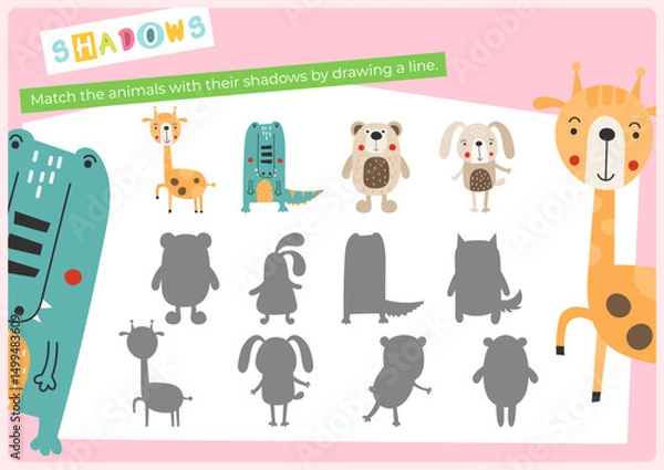 Fototapeta Animals activities for kids. Find the correct shadow for animals. Vector illustration. Game for Activity Book Flash card. Matching Game to boost attention and focus.