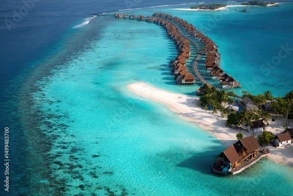 Obraz Maldives from above: luxurious overwater homes tracing a graceful arc over shallow turquoise lagoons, surrounded by glowing white sands