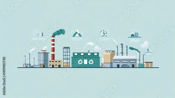Fototapeta flat vector infographic of organic waste energy cycle, showing kitchen waste transforming into biogas and electricity, labeled components, pastel green and brown palette, clean layout