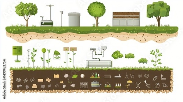 Fototapeta flat vector infographic of organic waste energy cycle, showing kitchen waste transforming into biogas and electricity, labeled components, pastel green and brown palette, clean layout