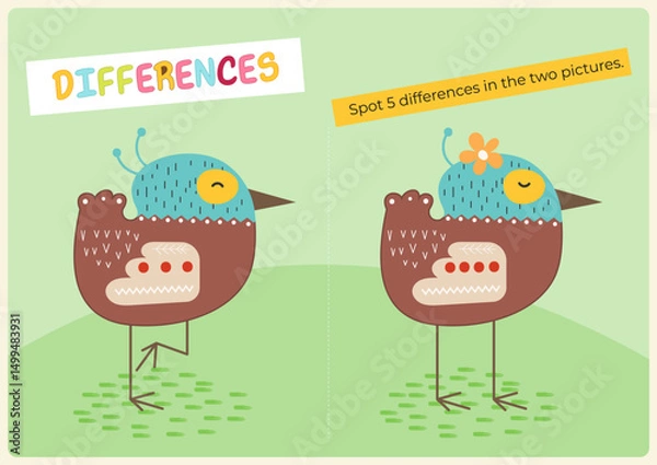 Fototapeta Animals activities for kids. Spot 5 differences in two pictures. Cute Bird. Vector illustration. Activity flash card. Game to boost attention and focus.
