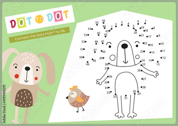 Fototapeta Animals activities for kids. Dot to dot game – little hare. Connect the dots. Numbers games for kids. Coloring page. Vector illustration. Learning numbers. Fine motor skills. Page for activity book.