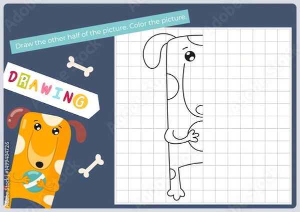 Fototapeta Cute animals activities for kids. Finish the picture – dog. Logic games for children. Flash card Coloring page. Vector illustration. Game learn the principles of symmetry.