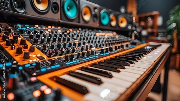 Fototapeta Close-up of an orange synthesizer with keyboard and studio monitors.