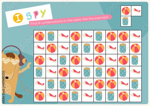 Fototapeta Activities for kids. I spy game. Find the combination with objects in table. Logic games for children. Vector illustration. Game to boost attention and focus. Flash card for activity book.