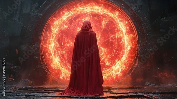 Obraz Hooded figure facing fiery portal.