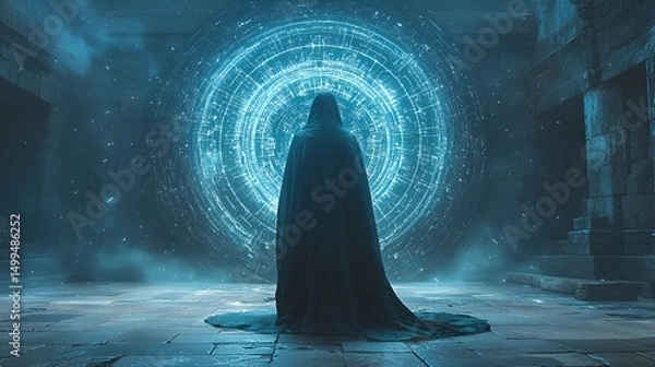 Obraz Hooded figure facing futuristic portal in ancient ruins.