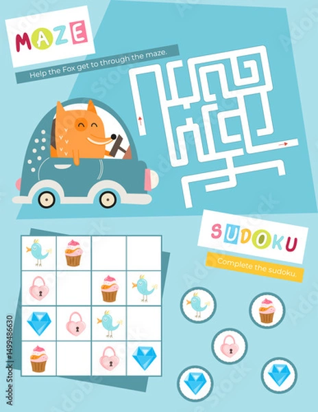Fototapeta Cute Animals Activity Pages for Kids. Printable Activity Sheet with Animals Mini Games – Maze, Sudoku. Vector illustration.