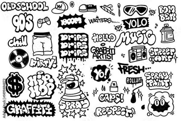 Fototapeta Full set of graffiti hip hop elements including throw-up styles, characters, and tags with bold lettering and spray paint effects on white background. Perfect for urban, music, and street culture