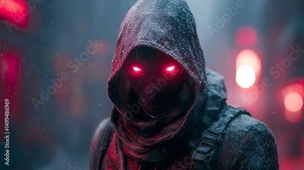 Obraz Hooded figure with glowing red eyes in snowy city.