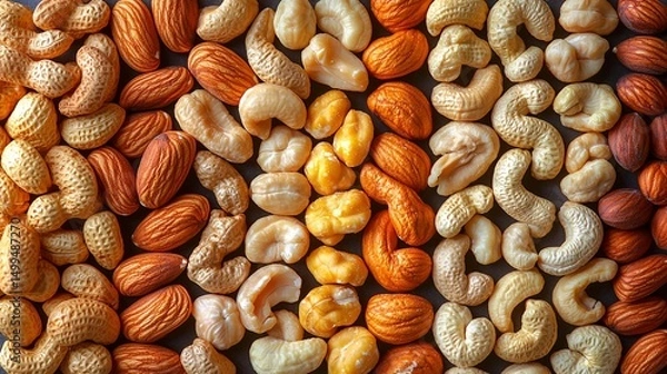 Obraz Assorted nuts and chickpeas arranged in stripes.