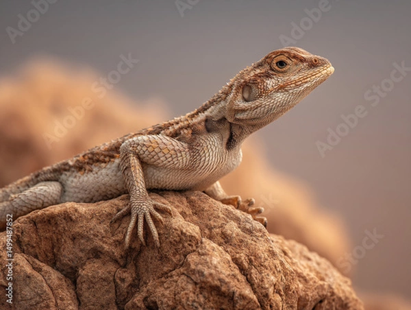 Fototapeta Bearded Dragon Reptile: Captivating Close-Up on Sandstone Habitat in Desert Wilderness - Perfect for Nature, Wildlife, and Herpetology Enthusiasts