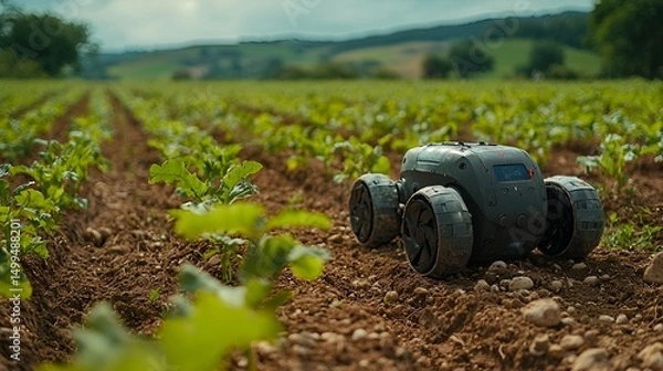 Obraz Agricultural robot navigating a field of young plants.