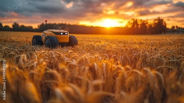 Fototapeta Autonomous robot in a wheat field at sunset.