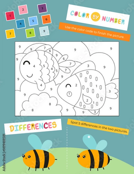 Fototapeta Cute Animals Activity Pages for Kids. Printable Activity Sheet with Animals Mini Games – Spot 5 differences, Color by number. Vector illustration.