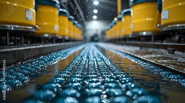 Obraz Industrial water treatment facility with rows of yellow tanks and a textured water channel.