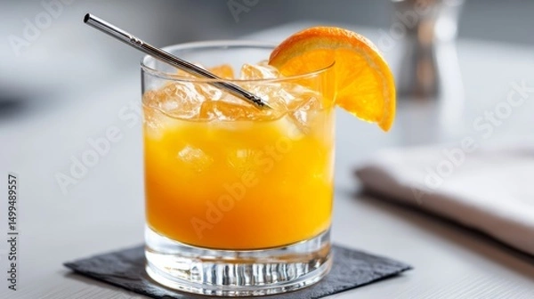 Obraz Glass of orange juice with a straw in it. The glass is on a coaster. The coaster is black