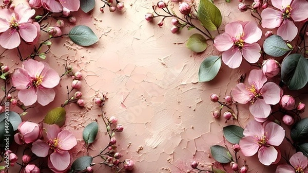 Obraz Pink flowers and leaves border on peach background.