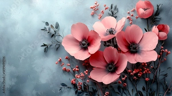 Obraz Pink paper flowers and greenery on blue background.