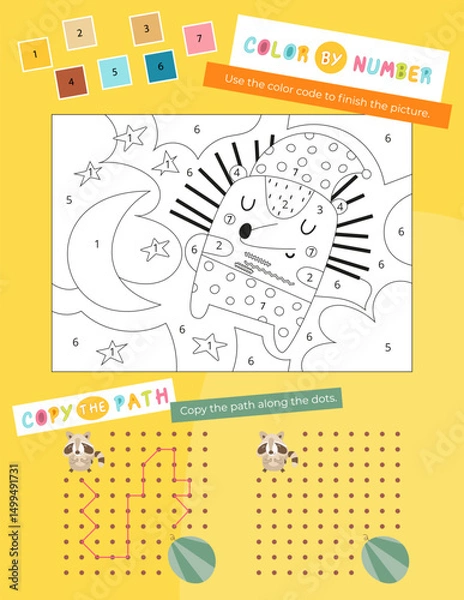 Fototapeta Cute Animals Activity Pages for Kids. Printable Activity Sheet with forest Animals Mini Games – Color by number, copy the path. Vector illustration.
