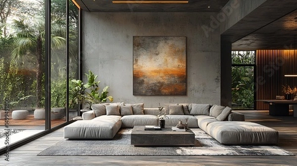 Obraz Modern living room with sectional sofa, large artwork, and floor-to-ceiling windows overlooking lush greenery.