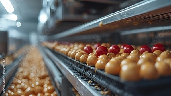 Obraz Conveyor belt with rows of coated candies in food processing plant.