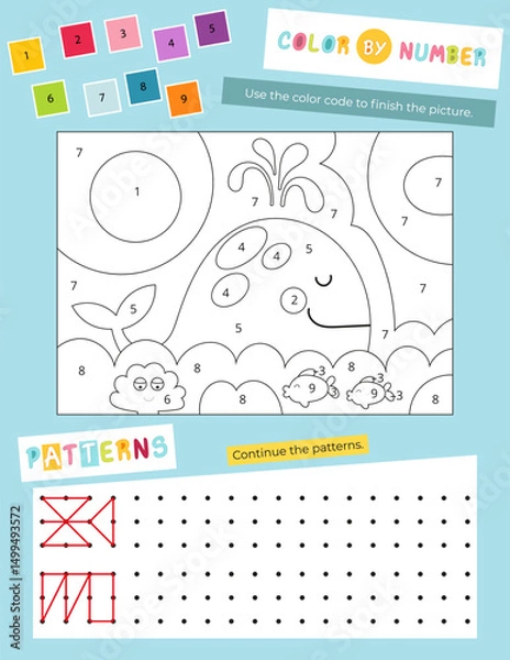 Fototapeta Cute Animals Activity Pages for Kids book. Printable Activity Sheet with Animals Mini Games – color by number, continue patterns. Vector illustration.