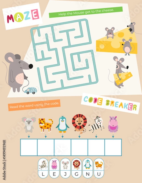 Fototapeta Cute Animals Activity Pages for Kids. Printable Activity Sheet with Animals Mini Games – maze, code breaker. Vector illustration.