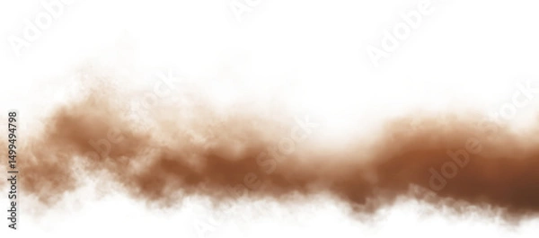 Fototapeta Brown dust sand soil smoke cloud particles isolated on a transparent white background. Sandstorm effect, smog, dust explosion rising, Smoke fog overlay effect. Blurred soil dust. PNG design elements