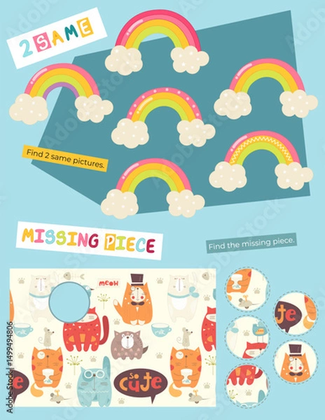Fototapeta Activity Pages for Kids book. Printable Activity Sheet with Cats Mini Games – Find missing piece, two same pictures. Vector illustration.