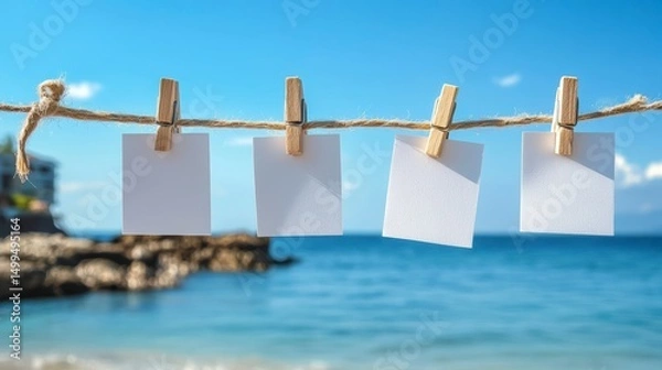 Fototapeta Blank notes on clothesline by the sea