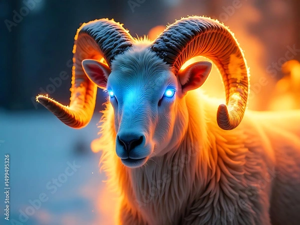 Fototapeta Ram head engulfed in flames, glowing eyes, and fiery smoke background, intense.
