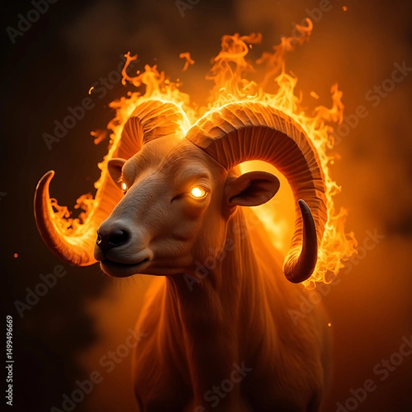 Fototapeta Ram head engulfed in flames, glowing eyes, and fiery smoke background, intense.
