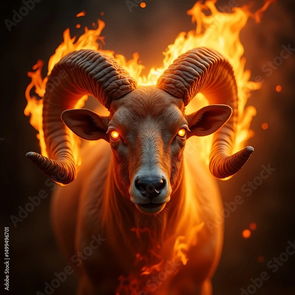 Fototapeta Ram head engulfed in flames, glowing eyes, and fiery smoke background, intense.
