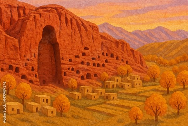 Fototapeta Painting of a desert landscape with a large cave in the middle