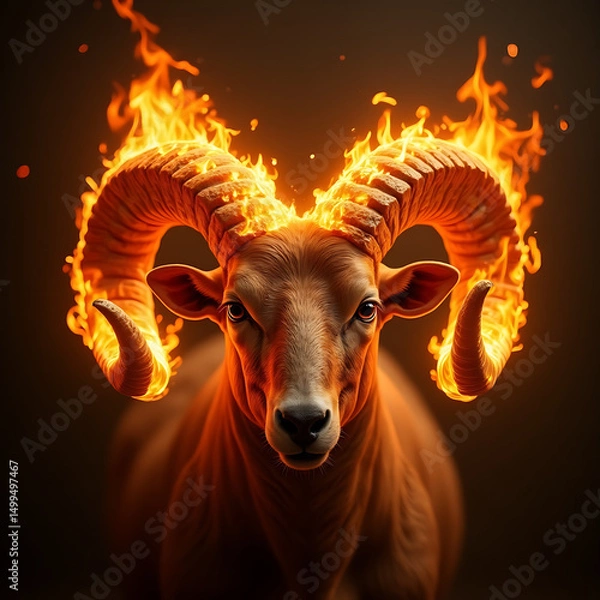 Fototapeta Ram head engulfed in flames, glowing eyes, and fiery smoke background, intense.

