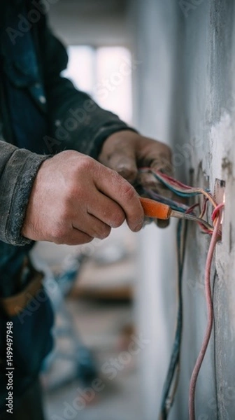 Fototapeta Electrician repairing wiring close up shot of hands working on electrical outlet in a building under construction with natural light