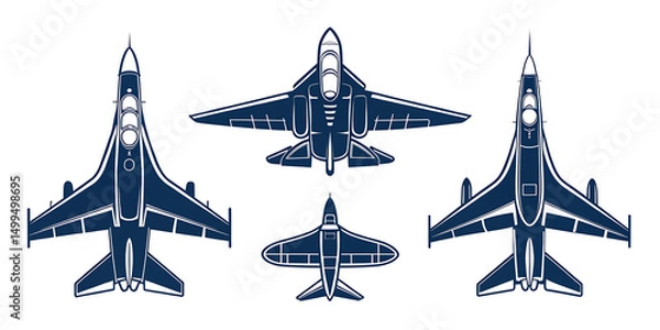 Fototapeta Set of  modern fighter jet silhouette  jet  vector icon on white background.