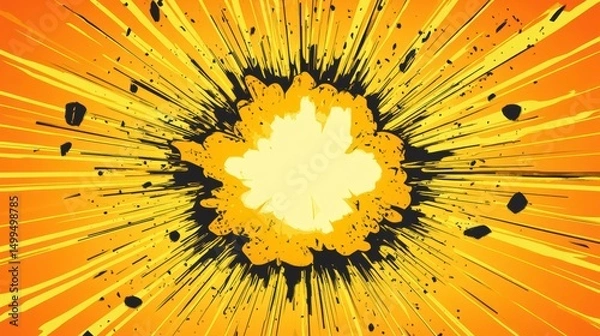 Fototapeta Cartoon explosion graphic, vibrant orange background, radial design, graphic element, suitable for comic book, posters, or website design