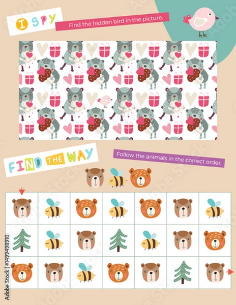 Fototapeta Cute Animals Activity Pages for Kids. Printable Activity Sheet with Mini Games – I spy, find the way. Vector illustration.