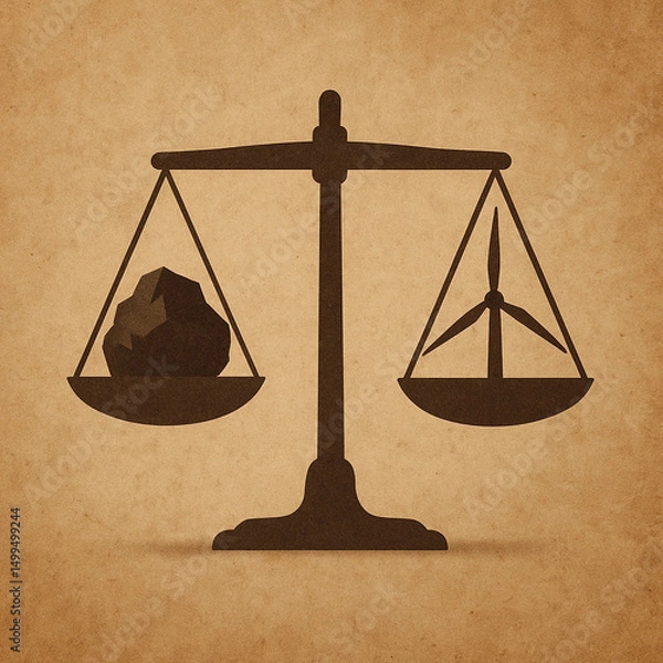 Fototapeta Scale with a rock on one side and a wind turbine on the other