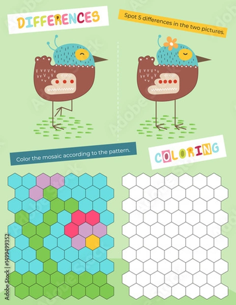 Fototapeta Cute Animals Activity Pages for Kids. Printable Activity Sheet with Mini Games – find differences, color mosaic. Vector illustration.