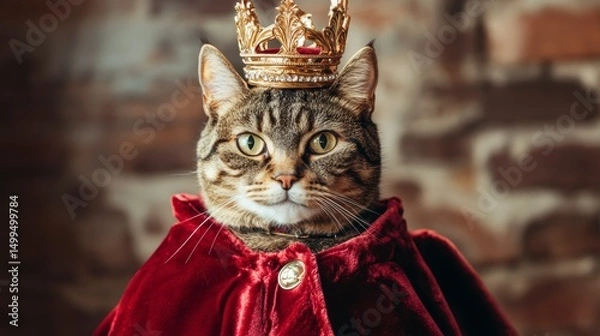 Fototapeta Cat Wearing Crown and Red Cloak, Royal Portrait, Brick Wall Background