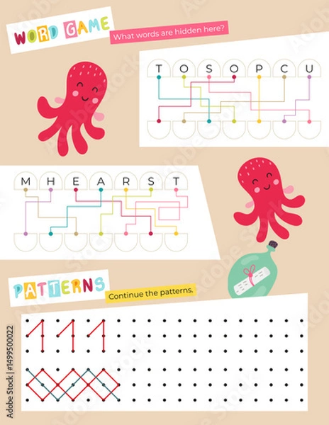 Fototapeta Cute Animals Activity Pages for Kids. Printable Activity Sheet with Mini Games – word game, continue patterns. Vector illustration.