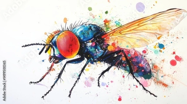 Fototapeta Colorful fly illustration with watercolor splashes