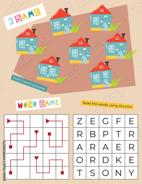 Fototapeta Cute Animals Activity Pages for Kids book. Printable Activity Sheet with Mini Games – find two same, word game. Vector illustration.
