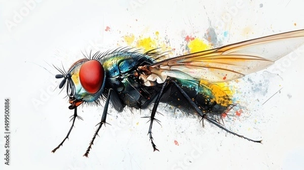 Fototapeta Colorful fly on white background; detailed macro insect; artistic photo; for nature, educational, or art use