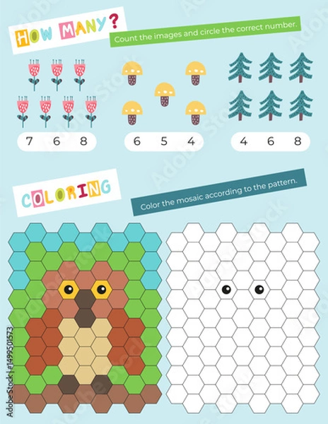 Fototapeta Cute Animals Activity Pages for Kids book. Printable Activity Sheet with Mini Games – coloring mosaic, count objects. Vector illustration.