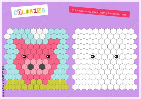 Fototapeta Cute animals activities for kids. Copy the picture in mosaic – pig. Logic games for children. Coloring page for activity book. Vector illustration. Flash card.