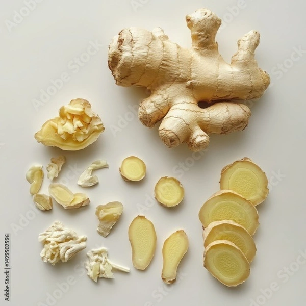 Obraz Ginger root and slices arrangement on a white background
